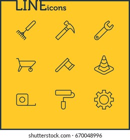 Vector Illustration Of 9 Structure Icons. Editable Pack Of Hatchet, Harrow, Caution And Other Elements.