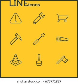 Vector Illustration Of 9 Structure Icons. Editable Pack Of Road Sign, Turn Screw, Hacksaw And Other Elements.