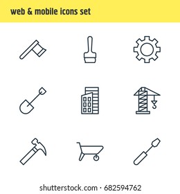 Vector Illustration Of 9 Structure Icons. Editable Pack Of Cogwheel, Hatchet, Handle Hit Elements.