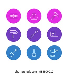 Vector Illustration Of 9 Structure Icons. Editable Pack Of Measure Tape, Paintbrush, Turn Screw And Other Elements.