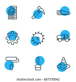Vector Illustration Of 9 Structure Icons. Editable Pack Of Handle Hit, Apartment, Hacksaw Elements.
