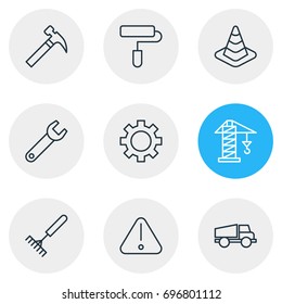Vector Illustration Of 9 Structure Icons. Editable Pack Of Road Sign, Spanner, Harrow And Other Elements.
