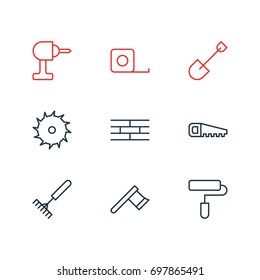 Vector Illustration Of 9 Structure Icons. Editable Pack Of Hatchet, Circle Blade, Hacksaw And Other Elements.