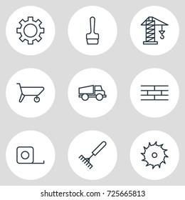Vector Illustration Of 9 Structure Icons. Editable Pack Of Cogwheel, Barrier, Handcart Elements.