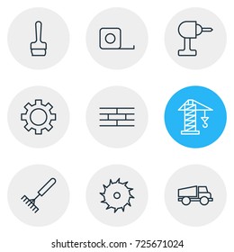 Vector Illustration Of 9 Structure Icons. Editable Pack Of Circle Blade, Paintbrush, Cogwheel And Other Elements.