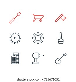 Vector Illustration Of 9 Structure Icons. Editable Pack Of Spade, Handcart, Paintbrush Elements.