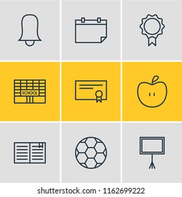 Vector illustration of 9 studies icons line style. Editable set of ball, apple, bell and other icon elements.