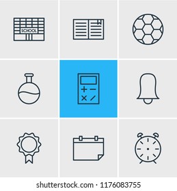 Vector illustration of 9 studies icons line style. Editable set of calendar, award, calculator and other icon elements.