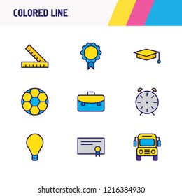 Vector illustration of 9 studies icons colored line. Editable set of graduation cap, certificate, award and other icon elements.