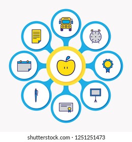 Vector illustration of 9 studies icons colored line. Editable set of certificate, document, pen and other icon elements.