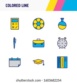 Vector illustration of 9 studies icons colored line. Editable set of library, pen, calendar and other icon elements.