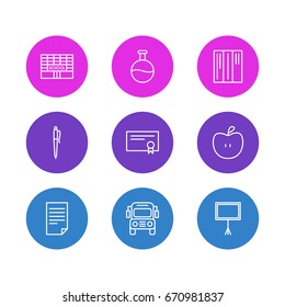 Vector Illustration Of 9 Studies Icons. Editable Pack Of Write Table, Tube, Car And Other Elements.