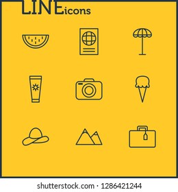 Vector illustration of 9 summer icons line style. Editable set of sunscreem, baggage, parasol and other icon elements.