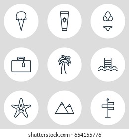 Vector Illustration Of 9 Summer Icons. Editable Pack Of Sweets , Island , Swimming Elements.