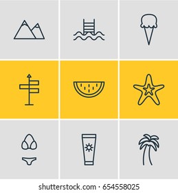 Vector Illustration Of 9 Summer Icons. Editable Pack Of Swimming, Hill, Anti-Sun Cream And Other Elements.