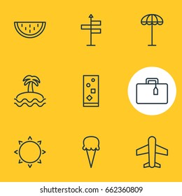 Vector Illustration Of 9 Summer Icons. Editable Pack Of Guide, Palm, Melon And Other Elements.