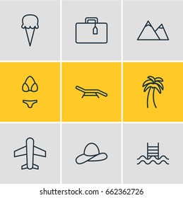 Vector Illustration Of 9 Summer Icons. Editable Pack Of Cap , Island , Airplane Elements.