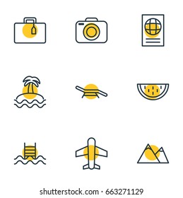 Vector Illustration Of 9 Summer Icons. Editable Pack Of Photo Apparatus, Swimming, Certificate And Other Elements.