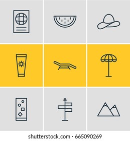 Vector Illustration Of 9 Summer Icons. Editable Pack Of Melon, Certificate, Guide And Other Elements.