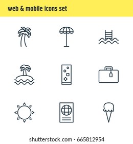 Vector Illustration Of 9 Summer Icons. Editable Pack Of Sorbet, Certificate, Cocktail And Other Elements.
