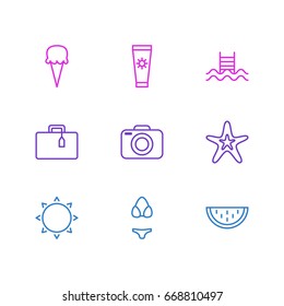 Vector Illustration Of 9 Summer Icons. Editable Pack Of Sunny, Swimming, Suitcase And Other Elements.