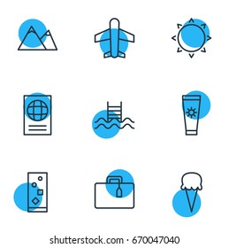 Vector Illustration Of 9 Summer Icons. Editable Pack Of Anti-Sun Cream, Swimming, Cocktail And Other Elements.