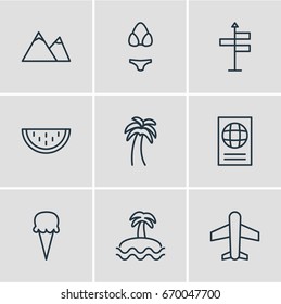 Vector Illustration Of 9 Summer Icons. Editable Pack Of Sorbet, Certificate , Island Elements.