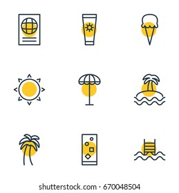Vector Illustration Of 9 Summer Icons. Editable Pack Of Swimming, Certificate , Island Elements.