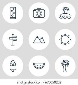 Vector Illustration Of 9 Summer Icons. Editable Pack Of Melon , Swimwear, Island Elements.