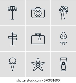 Vector Illustration Of 9 Summer Icons. Editable Pack Of Island , Fish , Umbrella Elements.