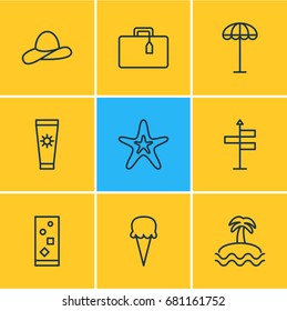 Vector Illustration Of 9 Summer Icons. Editable Pack Of Umbrella, Suitcase, Fish And Other Elements.