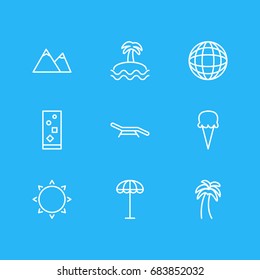 Vector Illustration Of 9 Summer Icons. Editable Pack Of Palm, Earth, Longue And Other Elements.