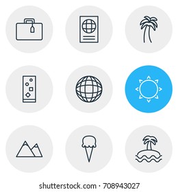 Vector Illustration Of 9 Summer Icons. Editable Pack Of Suitcase, Earth, Sorbet And Other Elements.