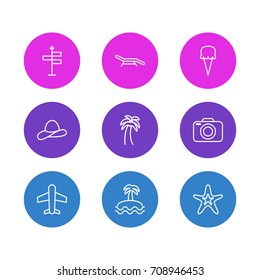 Vector Illustration Of 9 Summer Icons. Editable Pack Of Sorbet, Palm, Photo Apparatus And Other Elements.