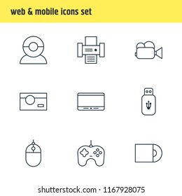 Vector illustration of 9 technology icons line style. Editable set of tablet phone, printer, web camera and other icon elements.