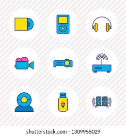 Vector illustration of 9 technology icons colored line. Editable set of music player, headphones, router and other icon elements.