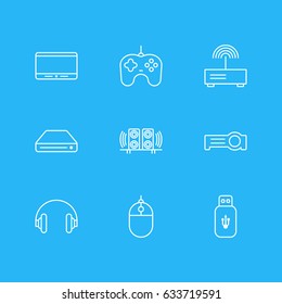 Vector Illustration Of 9 Technology Icons. Editable Pack Of Floodlight, Memory Storage, Loudspeaker And Other Elements.