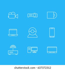 Vector Illustration Of 9 Technology Icons. Editable Pack Of Computer, Camcorder, Smartphone And Other Elements.