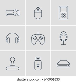 Vector Illustration Of 9 Technology Icons. Editable Pack Of Sound Recording, Usb Card, Game Controller And Other Elements.