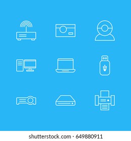 Vector Illustration Of 9 Technology Icons. Editable Pack Of Photography, Memory Storage, Floodlight And Other Elements.