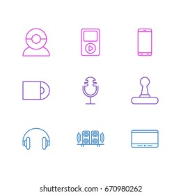 Vector Illustration Of 9 Technology Icons. Editable Pack Of Video Chat, Loudspeaker, Smartphone And Other Elements.