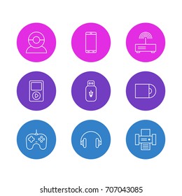 Vector Illustration Of 9 Technology Icons. Editable Pack Of Usb Card, Dvd Drive, Modem And Other Elements.