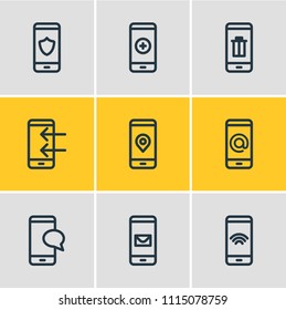 Vector illustration of 9 telephone icons line style. Editable set of add, chat, protection and other icon elements.