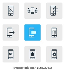 Vector illustration of 9 telephone icons line style. Editable set of ring, smartphone, trash and other icon elements.