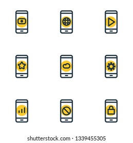 Vector illustration of 9 telephone icons line style. Editable set of play, block, globe and other icon elements.