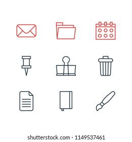 Vector illustration of 9 tools icons line style. Editable set of pin, stationery, envelope and other icon elements.