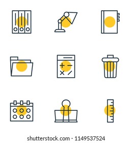 Vector illustration of 9 tools icons line style. Editable set of trash bin, table lamp, calculator and other icon elements.