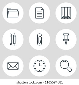Vector illustration of 9 tools icons line style. Editable set of clock, file, magnifier and other icon elements.