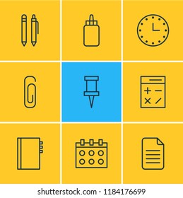 Vector illustration of 9 tools icons line style. Editable set of clip, copybook, calendar and other icon elements.