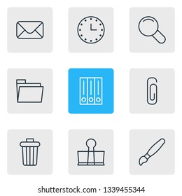 Vector illustration of 9 tools icons line style. Editable set of trash bin, clock, clip and other icon elements.